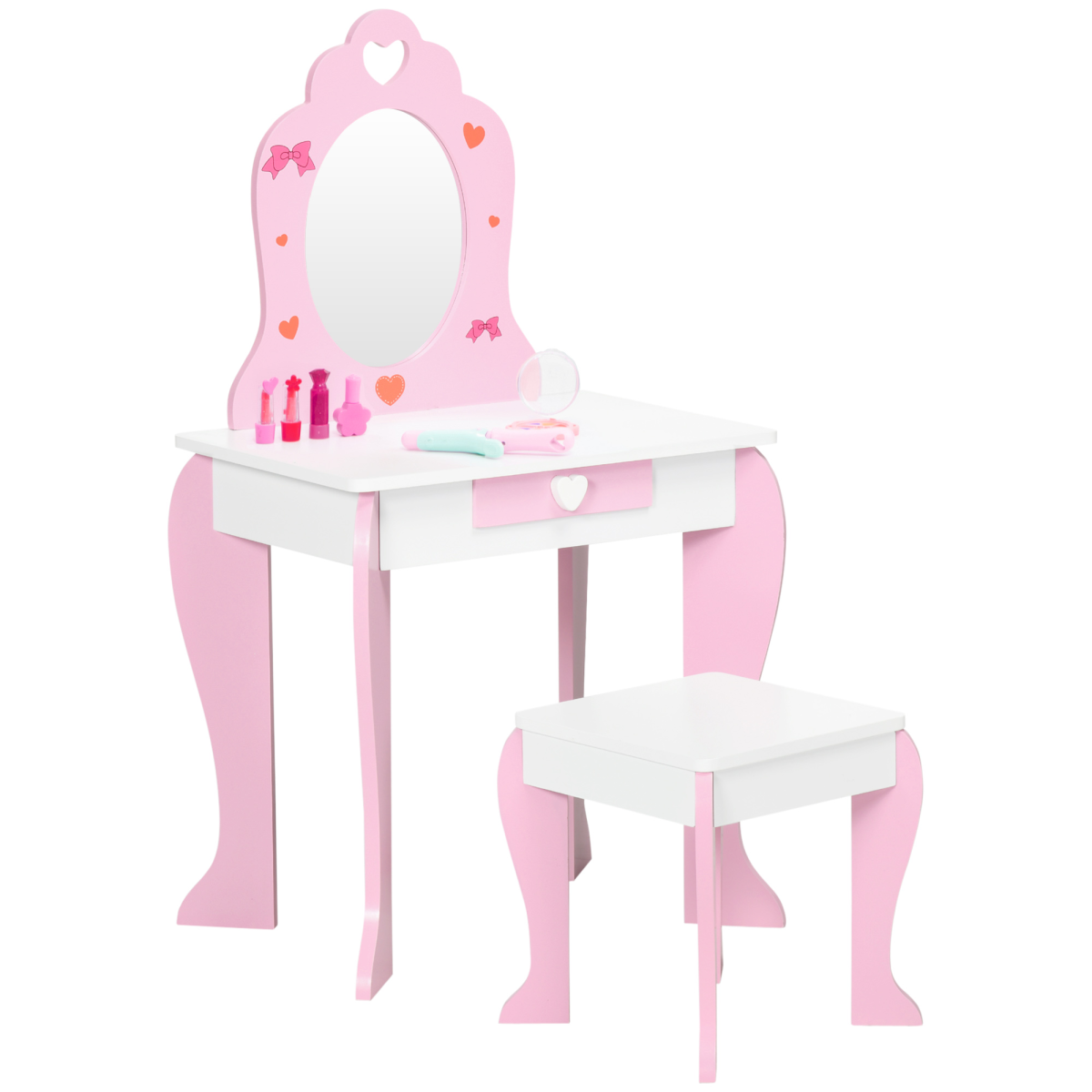 ZONEKIZ Kids Vanity Set with Mirror, Drawer, Cute Patterns, for Girls – Pink