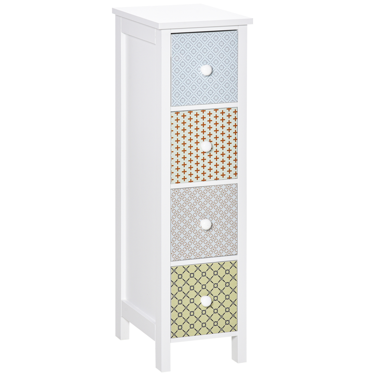 HOMCOM 4-Drawer Storage Cabinet with Patterned Drawers & Anti-Tipping Straps – Slim Tallboy for Bedroom
