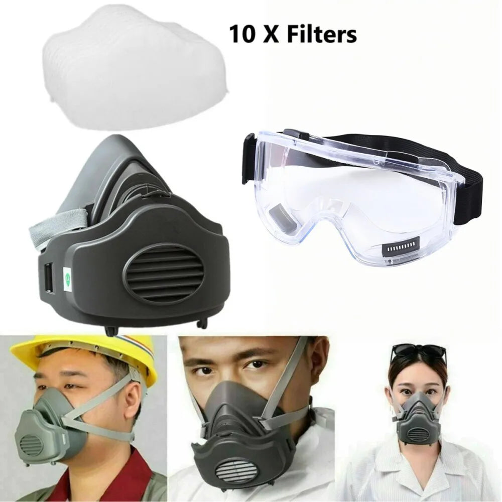 Reusable Half Face Respirator Mask with Safety Goggles and 10 Dust Filter Pads – Model 3200, Grey