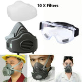 Reusable Half Face Respirator Mask with Safety Goggles and 10 Dust Filter Pads – Model 3200, Grey