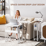 Folding Drop Leaf Writing Desk with Lower Shelf & Storage Bag – Mobile Desk on Wheels, Natural Wood Finish & White
