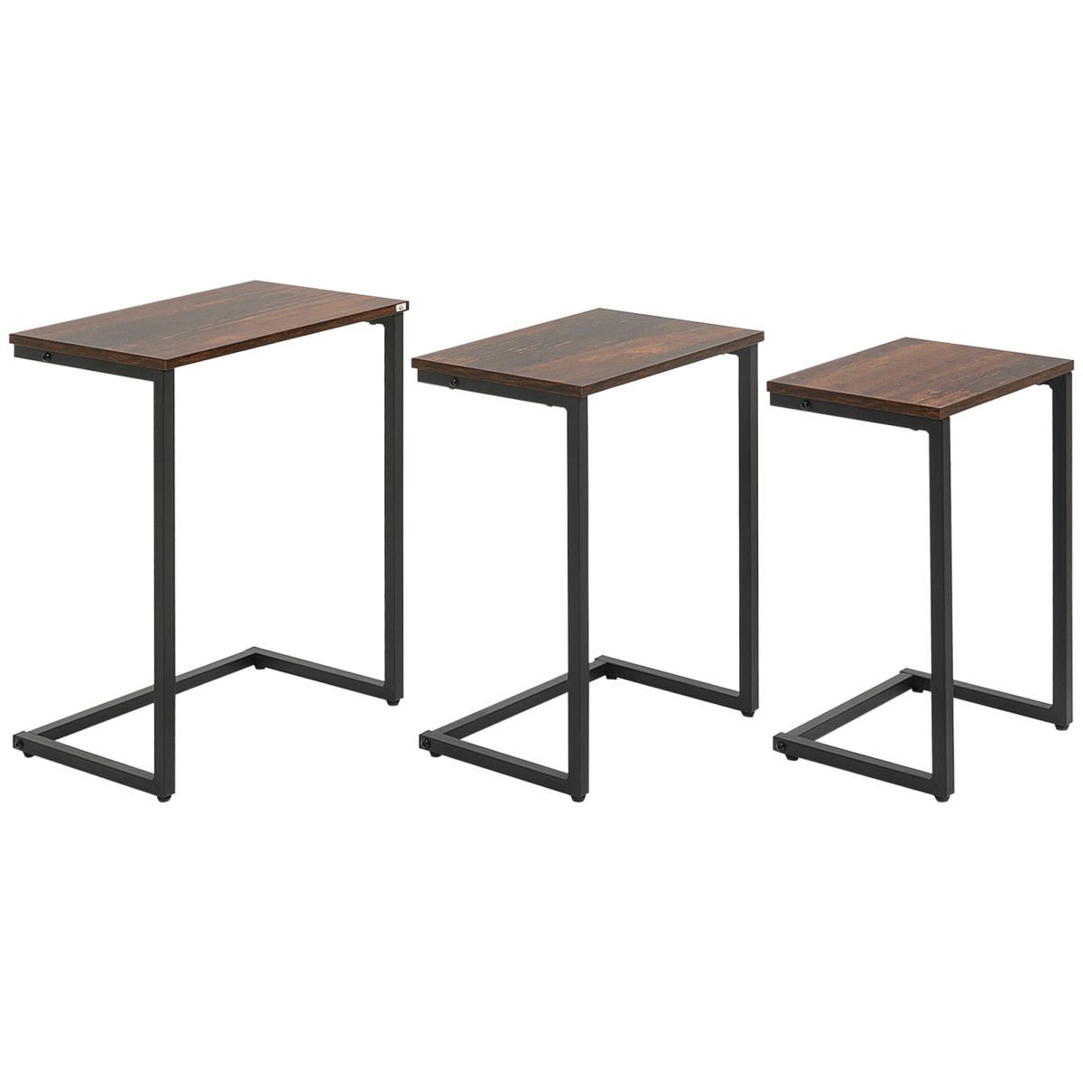 HOMCOM C-Shaped Nesting Tables Set of 3 with Steel Frame – Industrial Sofa Side Tables, Rustic Brown