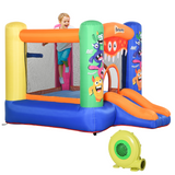 Monster-Themed Bouncy Castle with Slide, Trampoline & Basketball Net – Compact Garden Inflatable with Blower