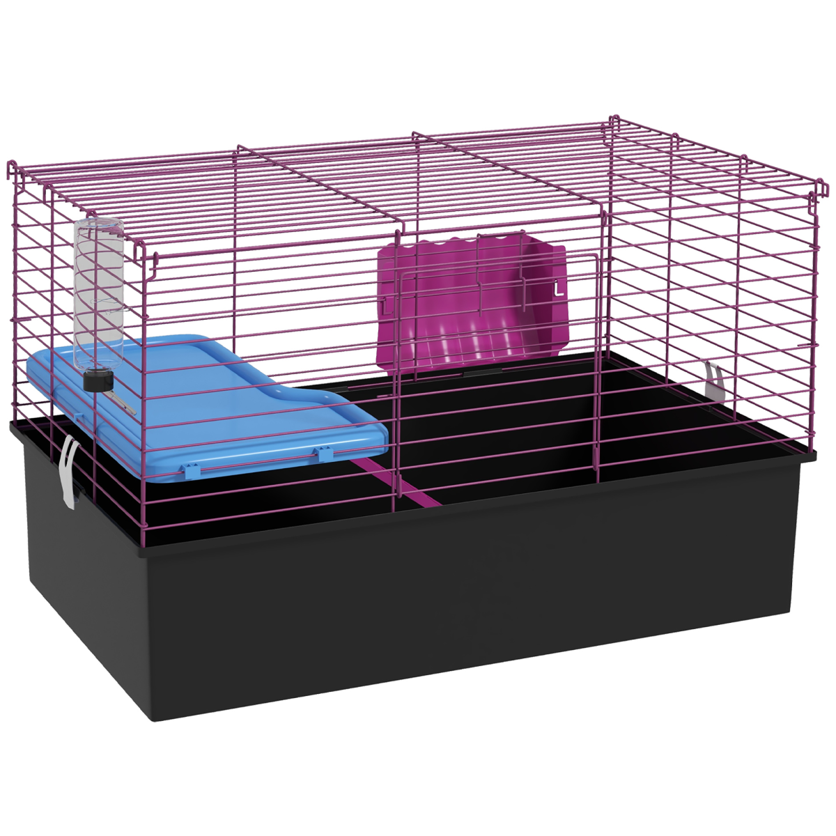 PawHut Small Animal Cage, Rabbit and Guinea Pig Hutch with Platform, Ramp and Hay Feeder – Black