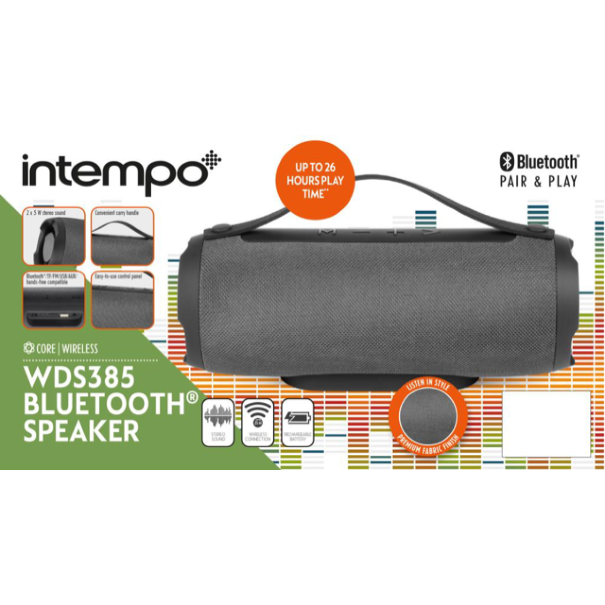Intempo WDS385 Fabric Bluetooth 5.3 Speaker – 2 x 5W Output, 26 Hour Play Time, Black