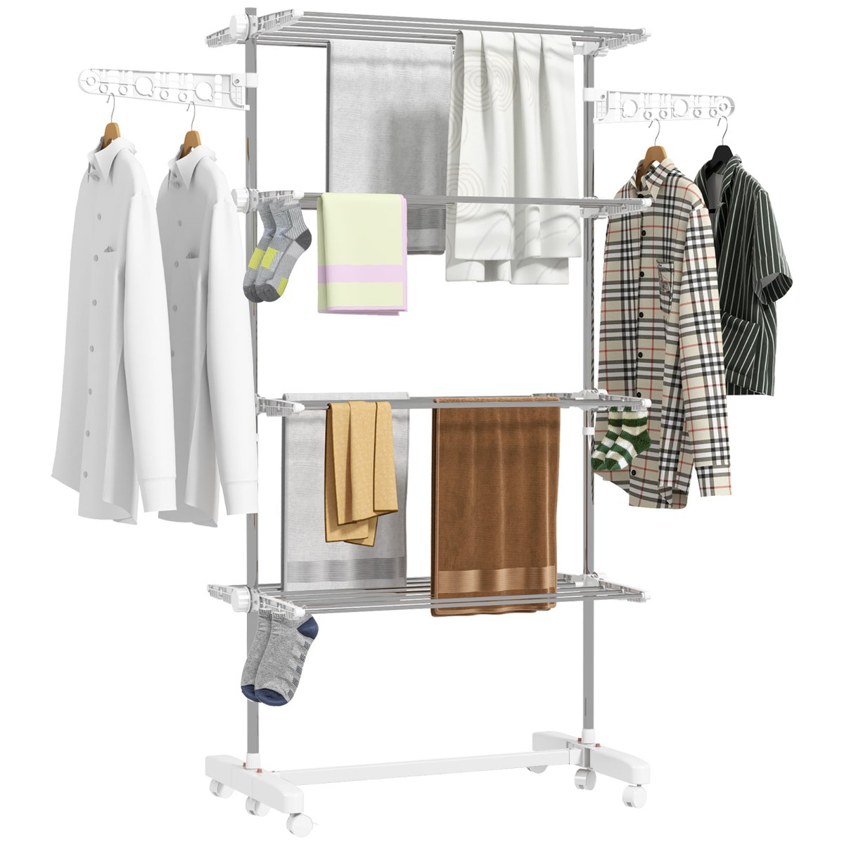 HOMCOM 4-Tier Folding Clothes Airer Rail with Wheels – Indoor Garment Drying Stand, White and Silver