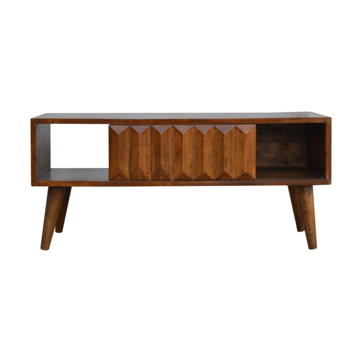 Artisan Furniture Solid Wood Chestnut Prism Sliding Media Unit, Open Slot & Sliding Door – Dark Brown