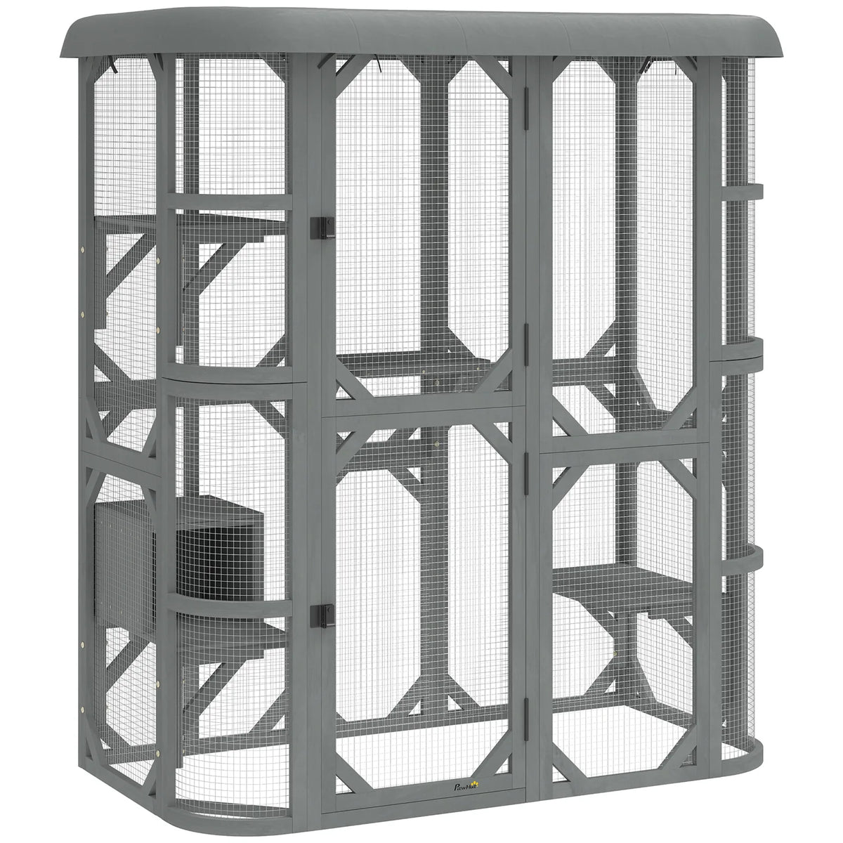 PawHut Outdoor Catio Cat Enclosure with Platforms, Condo and Waterproof Cover – Wooden, Grey