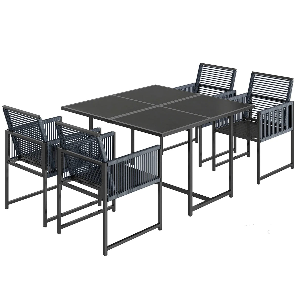 Outsunny 5 Piece Garden Dining Set for 4 with Glass-Top Table and Foldable Backrest Chairs – Outdoor Patio Cube Set, Dark Grey