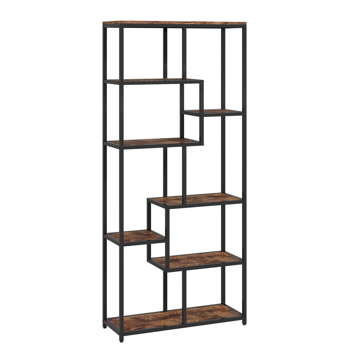 HOMCOM Seven-Tier Geometric Bookcase with Metal Frame & Anti-Tipping Straps – Asymmetrical Storage, Brown