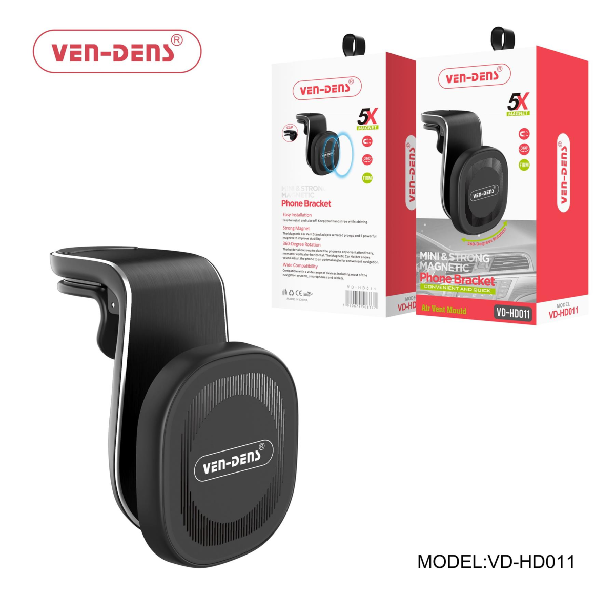 Ven-Dens Magnetic Car Phone Holder with Clip-On Vent Mount – 360° Rotation, Hands-Free Navigation
