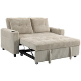 HOMCOM Corduroy Click Clack Sleeper Sofa Bed with Pull Out Design, 2 Seater, Cup Holders – Cream White