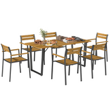 Outsunny 7 Piece Garden Dining Set with Table & 6 Stackable Chairs, Parasol Hole – Steel & Fir Wood, Brown