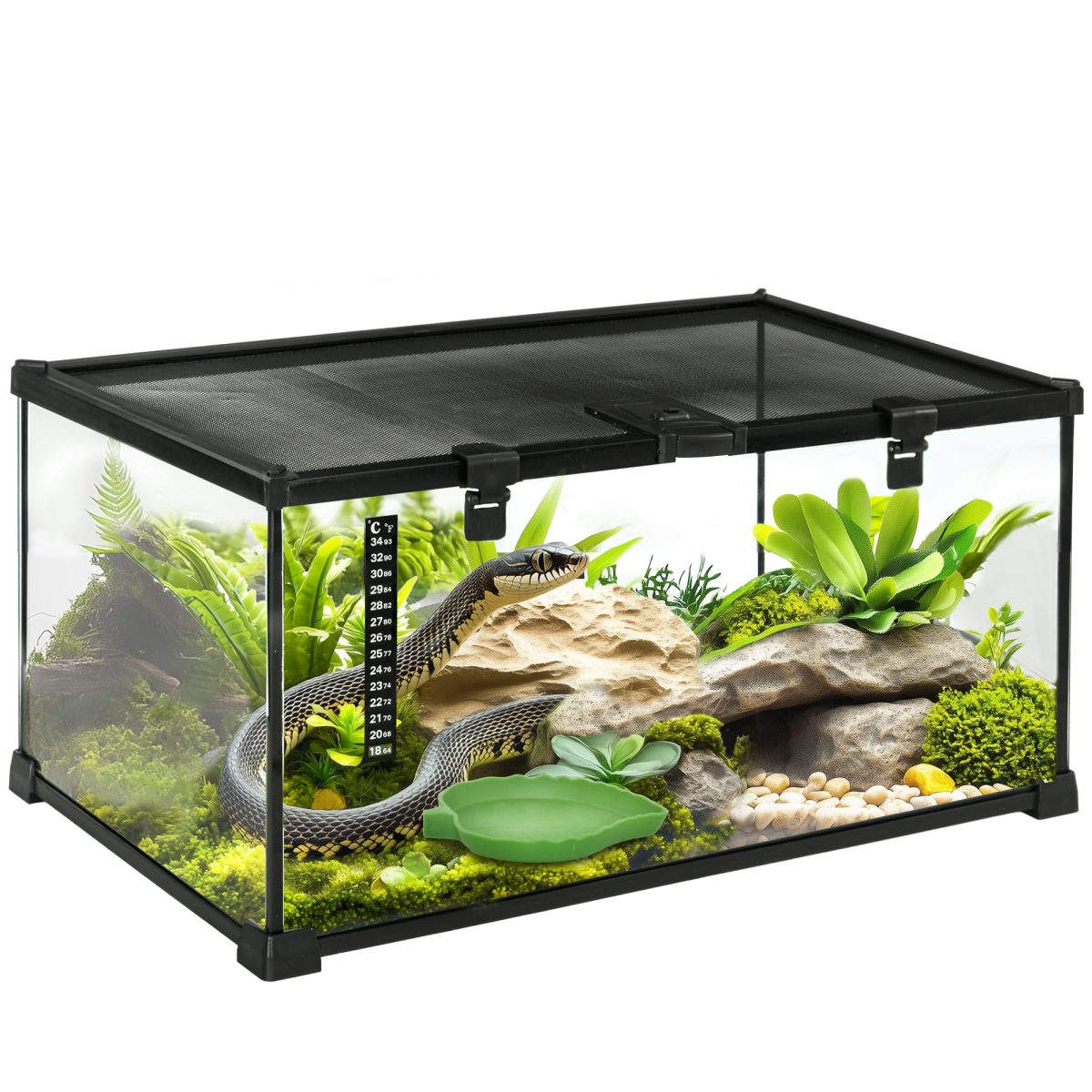 PawHut Glass Reptile Terrarium with Water Basin & Mesh Top – Habitat for Lizards, Frogs, Snakes, 50x30x25cm