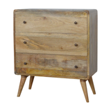 Artisan Furniture Solid Mango Wood Curved Chest of 3 Drawers with Nordic Legs – Oak-ish Finish, Light Brown