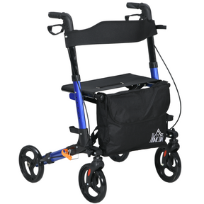 Blue 4 wheel rollator walker with seat