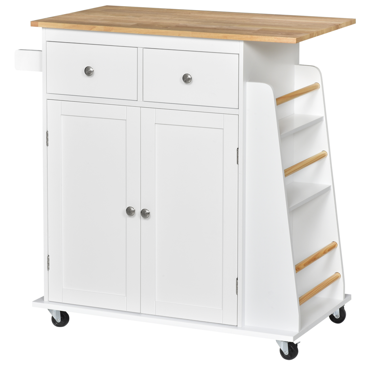 HOMCOM Kitchen Island with Rubberwood Top, 2 Drawers, Cupboard and 3-Tier Spice Rack – Storage on Wheels