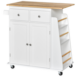HOMCOM Kitchen Island with Rubberwood Top, 2 Drawers, Cupboard and 3-Tier Spice Rack – Storage on Wheels