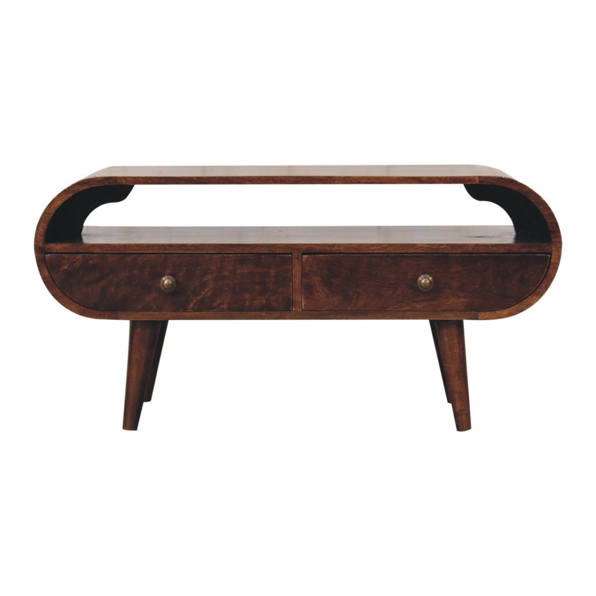 Artisan Furniture California Walnut Circular TV Stand – Solid Mango Wood, 2 Drawers & Open Slot, Brown
