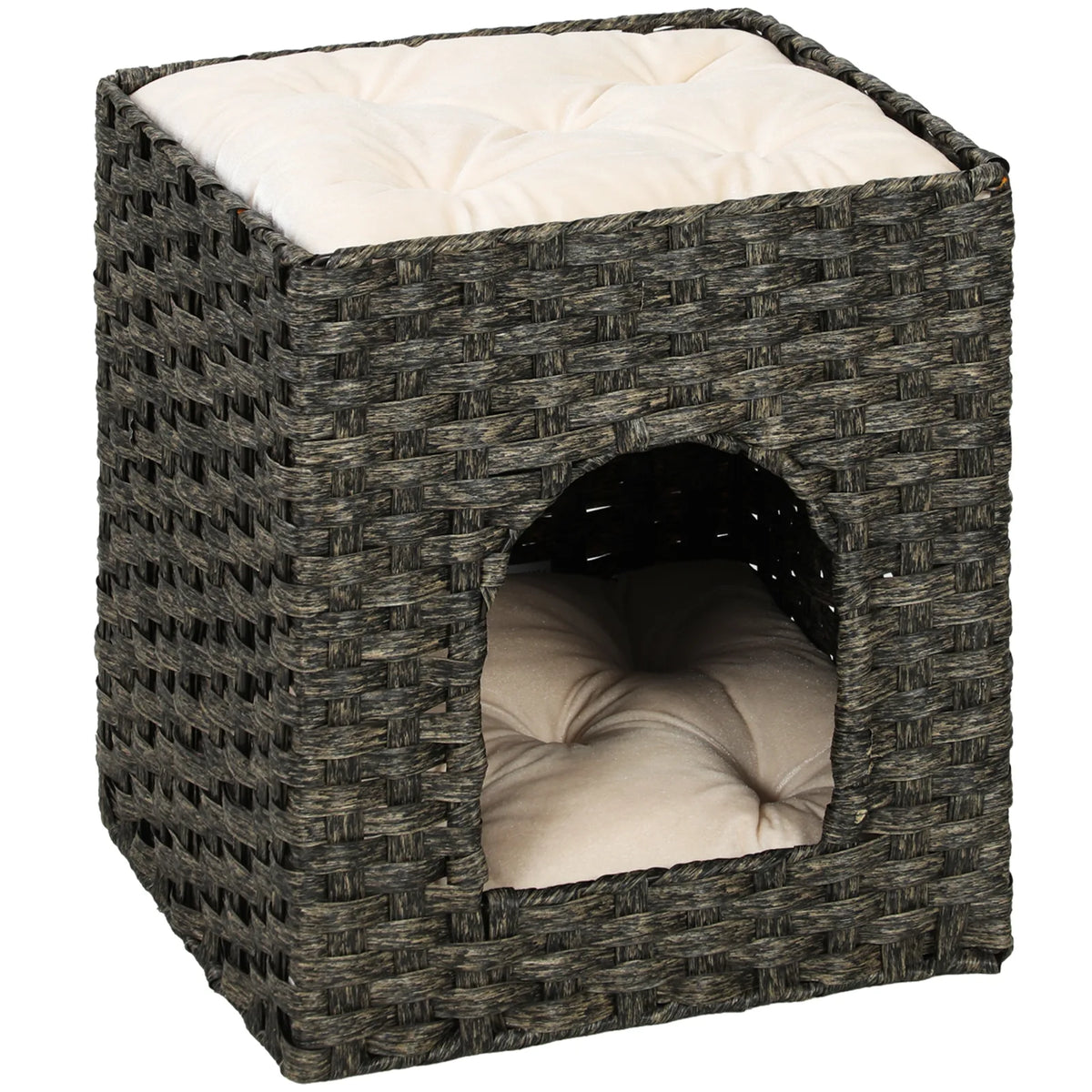 PawHut 2-Tier Wicker Cat House with Cushion – Handwoven Rattan Indoor Cat Bed, Grey