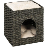 PawHut 2-Tier Wicker Cat House with Cushion – Handwoven Rattan Indoor Cat Bed, Grey