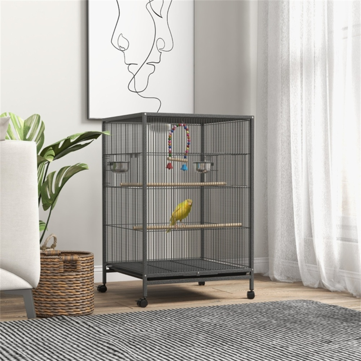 Rolling Bird Cage with Stand – Budgie, Canary and Finch Cage with Swing, Perches, Bowls and Storage Shelf, Grey