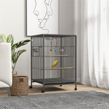 Rolling Bird Cage with Stand – Budgie, Canary and Finch Cage with Swing, Perches, Bowls and Storage Shelf, Grey