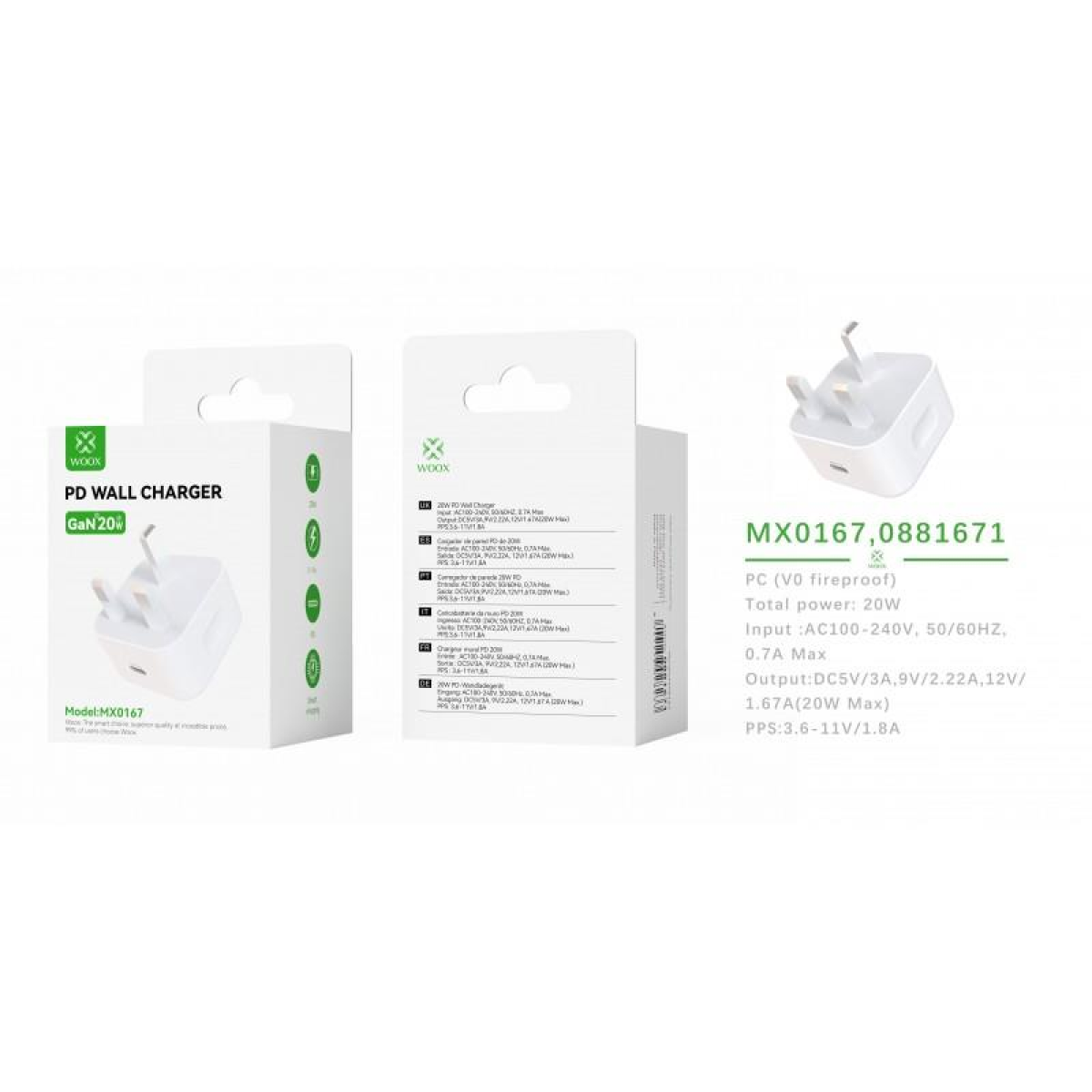 Woox MX0167 UK Type-C 20W PD Wall Charger – Single Port Fast Charging Plug, White