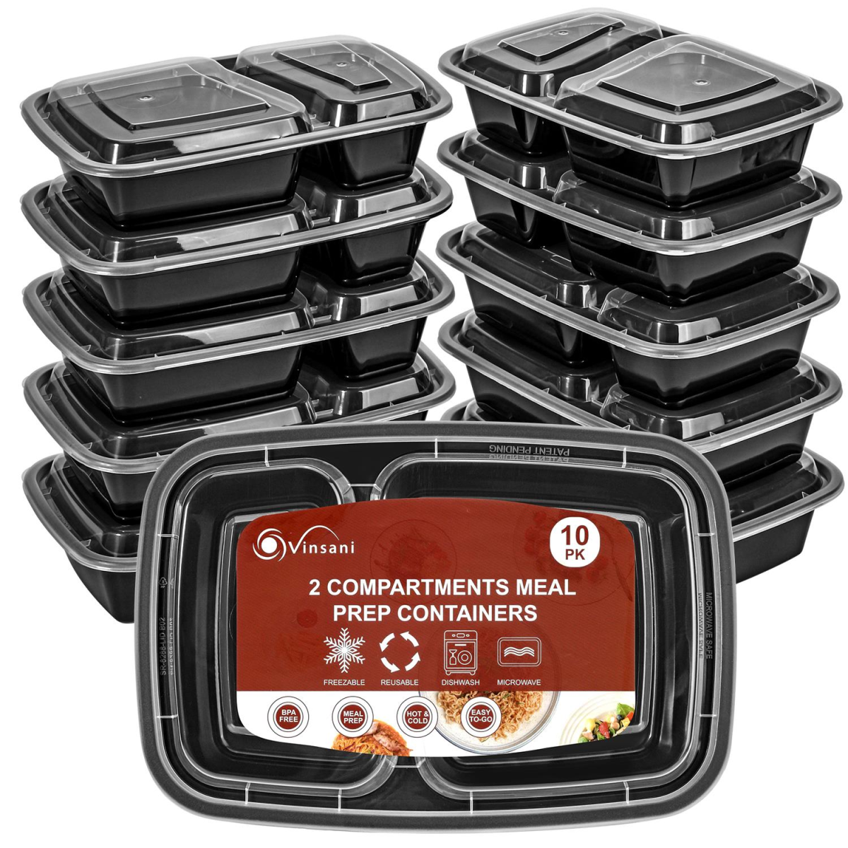 Vinsani 30 Pack Meal Prep Containers, 2 Compartments, 30oz with Airtight Lids – Microwave & Freezer Safe