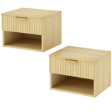 HOMCOM Floating Nightstands Set of 2 with Fluted Drawer and Open Shelf – Wall-Mounted Bedside Tables, Oak
