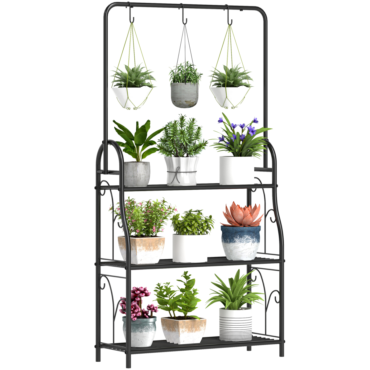 Outsunny 3 Tier Metal Plant Stand with Hanging Hooks – Garden, Balcony and Living Room Plant Shelf, Black