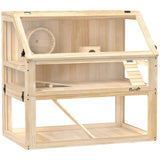 PawHut Wooden Hamster Cage with 31cm Deep Base, Hut, Seesaw, Exercise Wheel and Ramp, 80 x 50 x 76cm – Natural