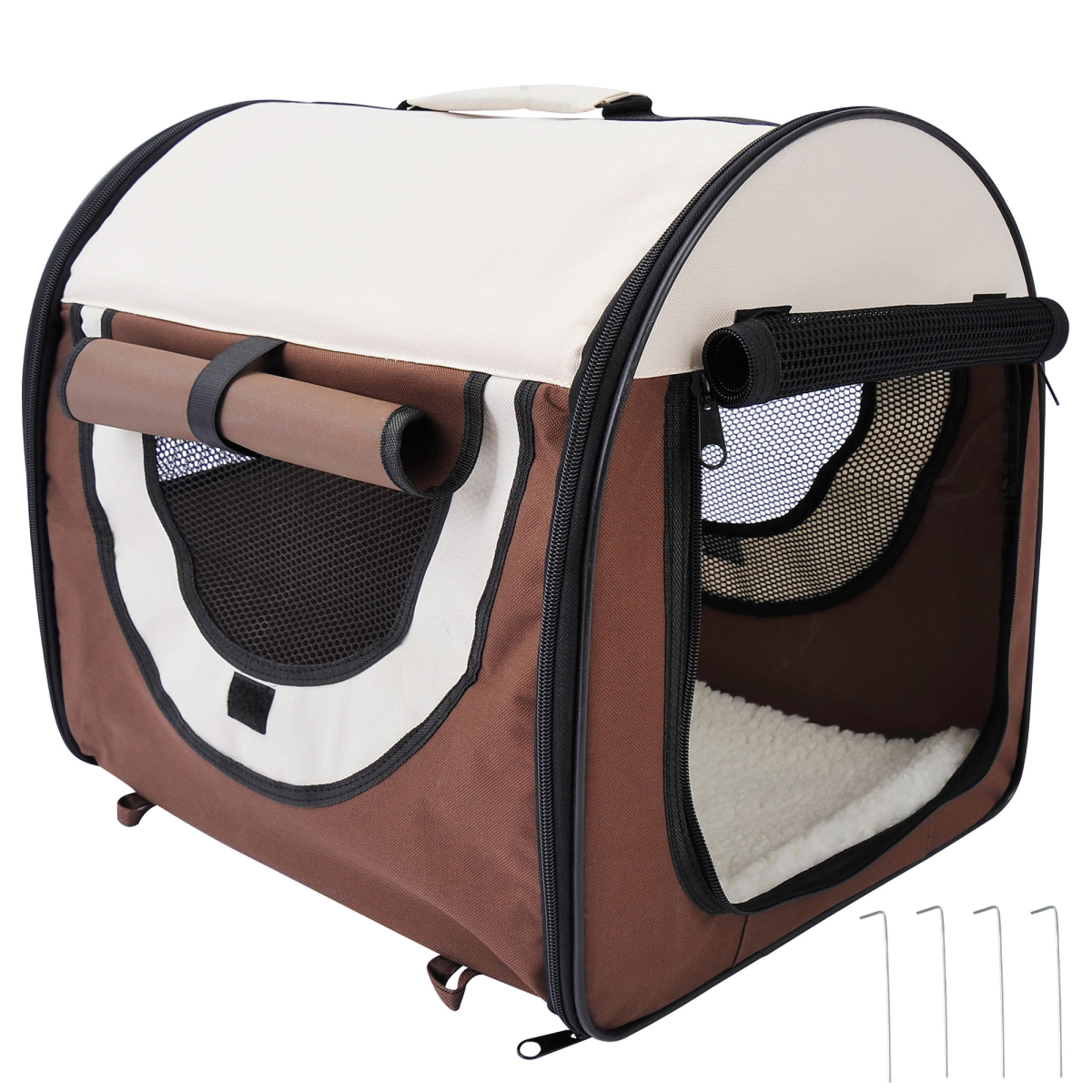 PAWHUT Folding Soft Pet Crate with Lamb Mat, Mesh Windows & Ground Stakes – Dog & Cat Travel Carrier, Brown
