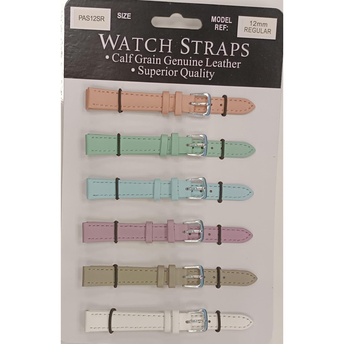 Calf Leather Watch Straps, Mixed Pastel Colours – Card of 6, Silver Buckle