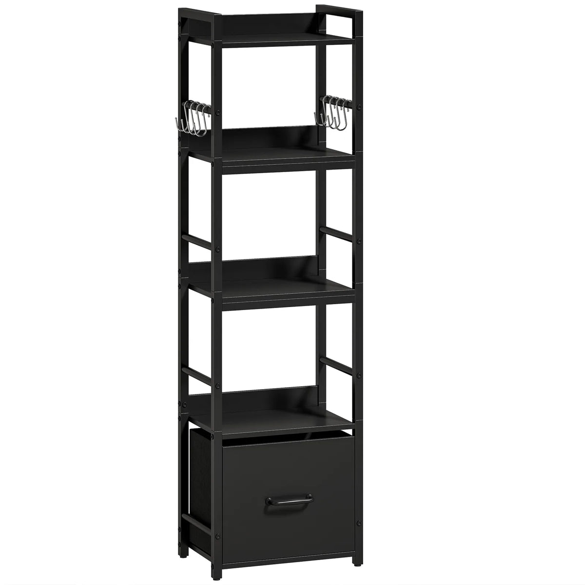 HOMCOM 4-Tier Narrow Bookshelf with Drawer, 8 Hooks and Metal Frame – Slim Bookcase, Black