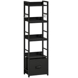 HOMCOM 4-Tier Narrow Bookshelf with Drawer, 8 Hooks and Metal Frame – Slim Bookcase, Black