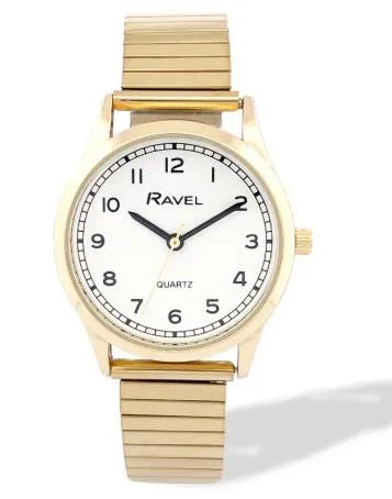 Ravel Ladies Easy Read White Dial Watch with Minute Track and Gold-Tone Stainless Steel Expander Bracelet, 27mm