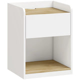 HOMCOM Slim Bedside Table with Drawer, Open Shelf and Cable Holes – Compact Nightstand, White and Oak
