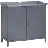 Outsunny Potting Bench Storage Cabinet with Galvanised Worktop & Magnetic Doors – Fir Wood Workstation, Grey