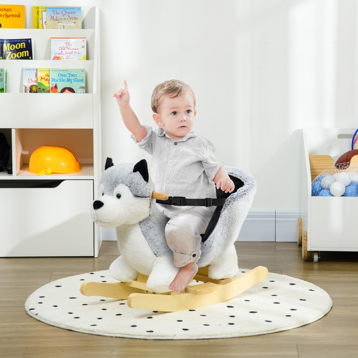 Kids Husky Plush Rocking Horse with Seat Belt & Animal Sounds – Ride-On Toy for 18-36 Months, Grey & Black
