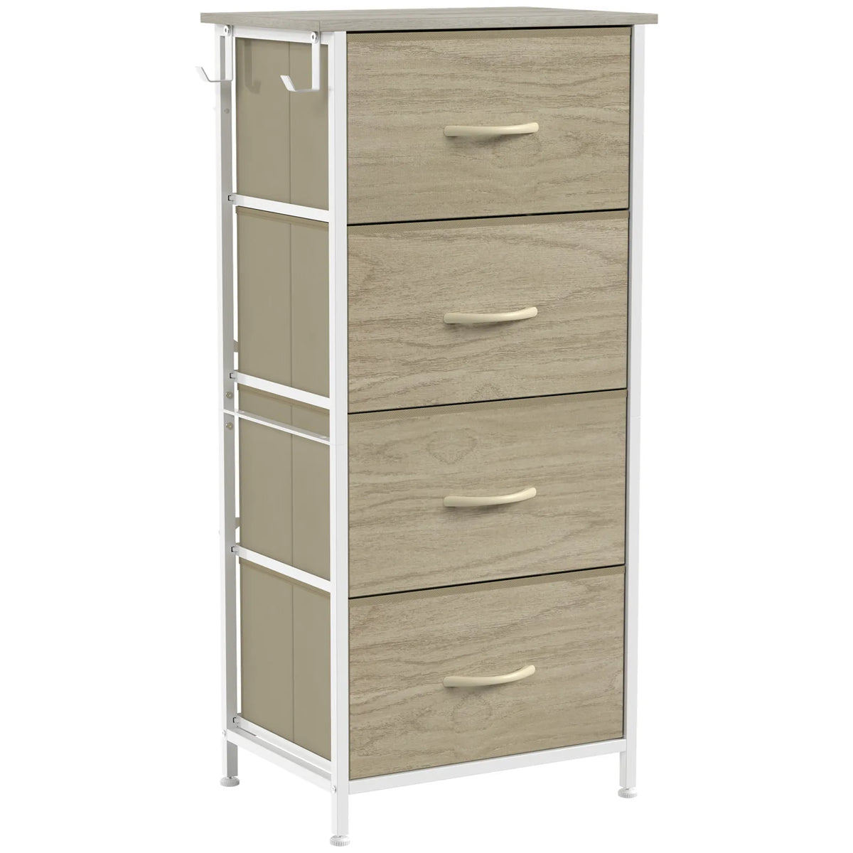 HOMCOM Tall Chest of Drawers with 4 Fabric Drawers, 4 Pockets & 2 Hooks – Steel Frame Storage, Natural Wood