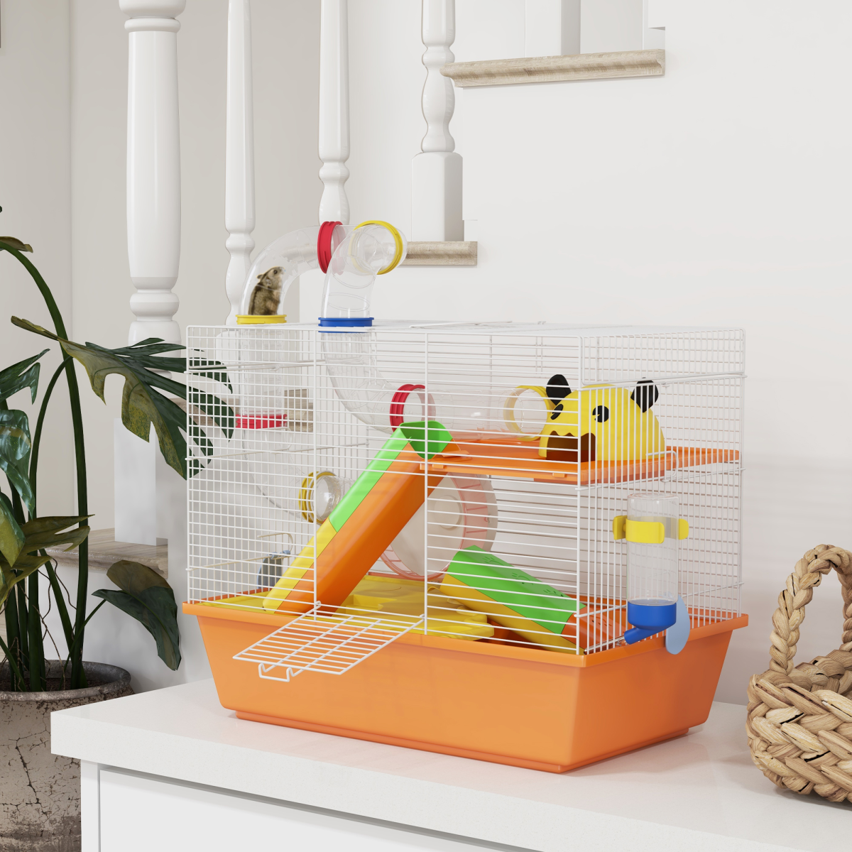 Hamster Cage with Running Wheel, Ramps, Platforms and Hut – Small Pet Cage for Dwarf Hamsters and Gerbils