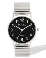 Ravel Men's Everyday Black Dial Watch with Silver Stainless Steel Expander Bracelet, 36mm