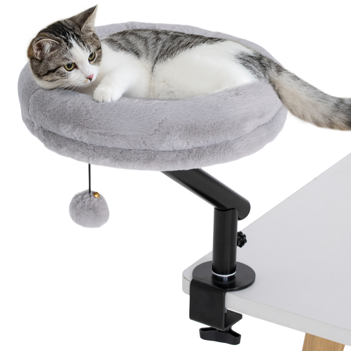 PawHut Cat Bed for Desk with 360° Rotation, Adjustable Clamp-On Cat Hammock Nest & Teaser Ball, Grey