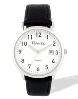 Ravel Men's Silver-Tone Dated Watch with White Dial and Black Faux Leather Strap