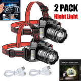2 Pack Rechargeable LED Headlamps with Motion Sensor & Zoom – USB-C Headlight for Camping & Hiking, Black