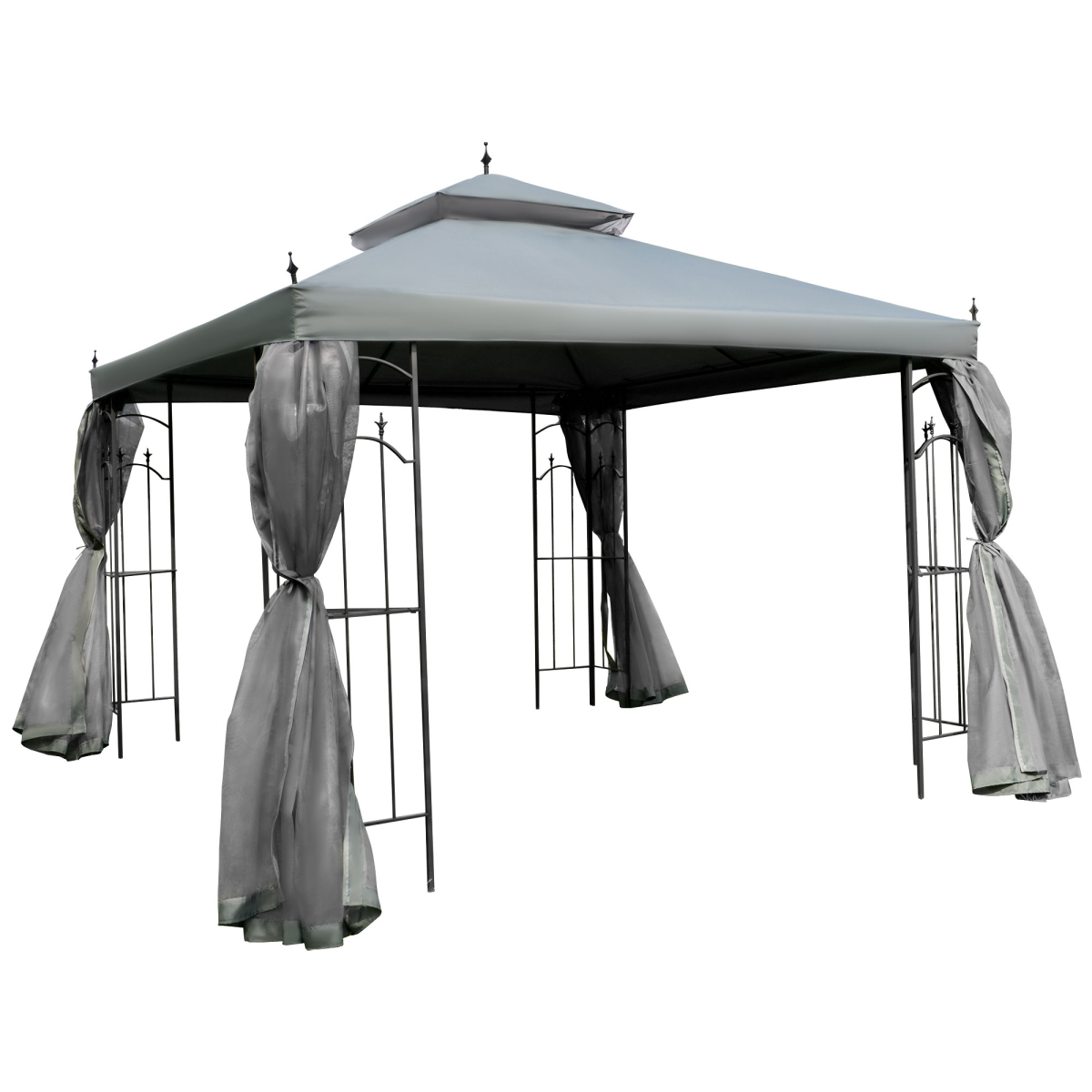 Outsunny 3 x 3m Double-Top Garden Gazebo with Four Curtains & Insect Netting – Steel Frame Party Shelter, Grey