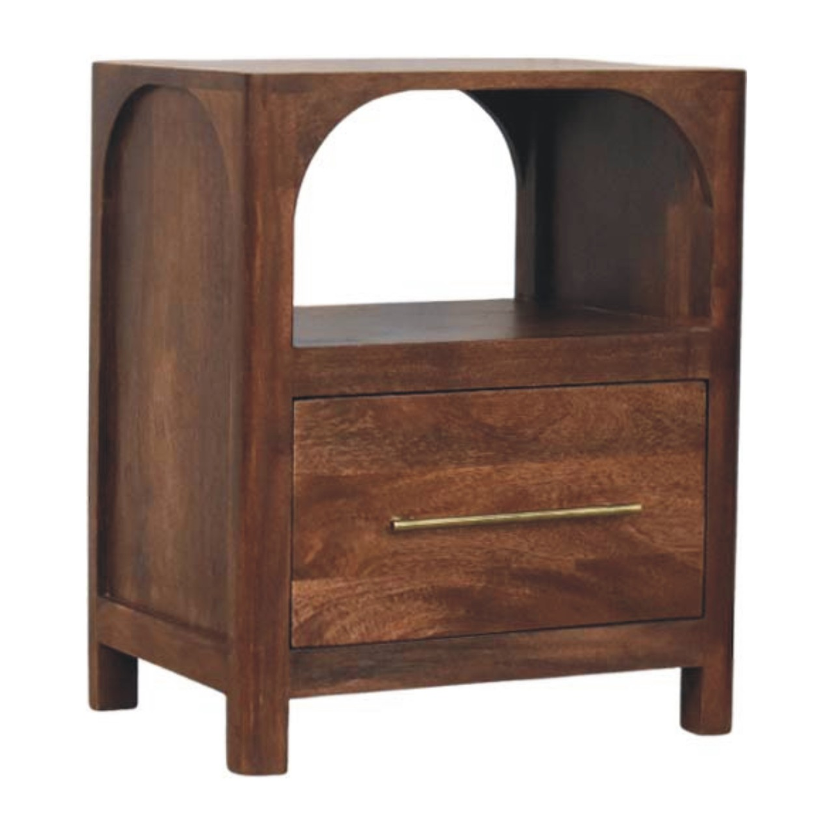 Artisan Furniture Solid Wood Arc-Line Bedside Table with 1 Drawer & 1 Open Slot – Roasted Almond, Brown