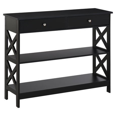 Black console table with drawers
