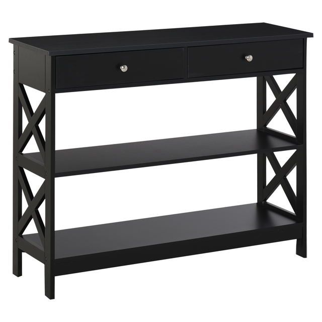 Black console table with drawers